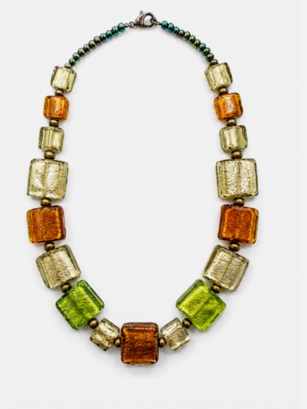 Murano Glass Necklace Square Foil Art Glass Beads Green Gold Amber Italy Vintage